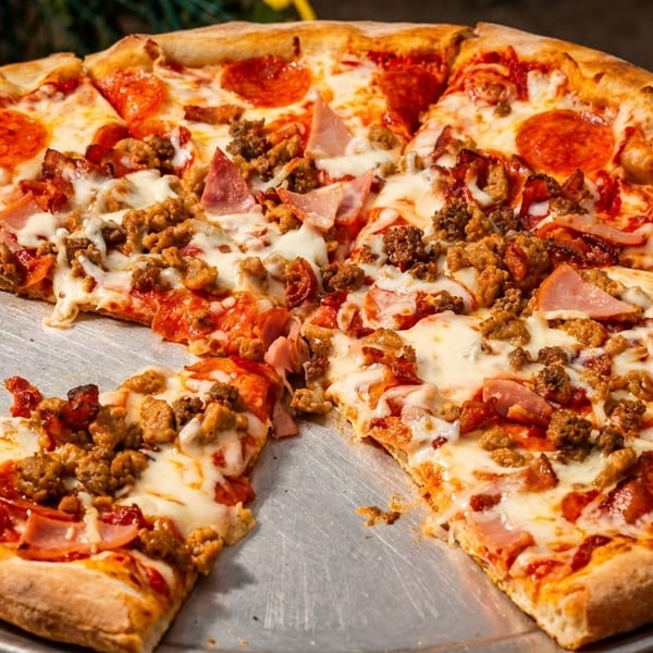 A large, sliced meat lover's pizza with pepperoni, sausage, and ham on a metal tray.