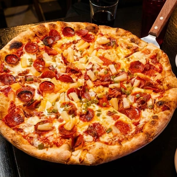 A large, whole pizza with pepperoni, pineapple, and jalapeños on a dark table with plates.