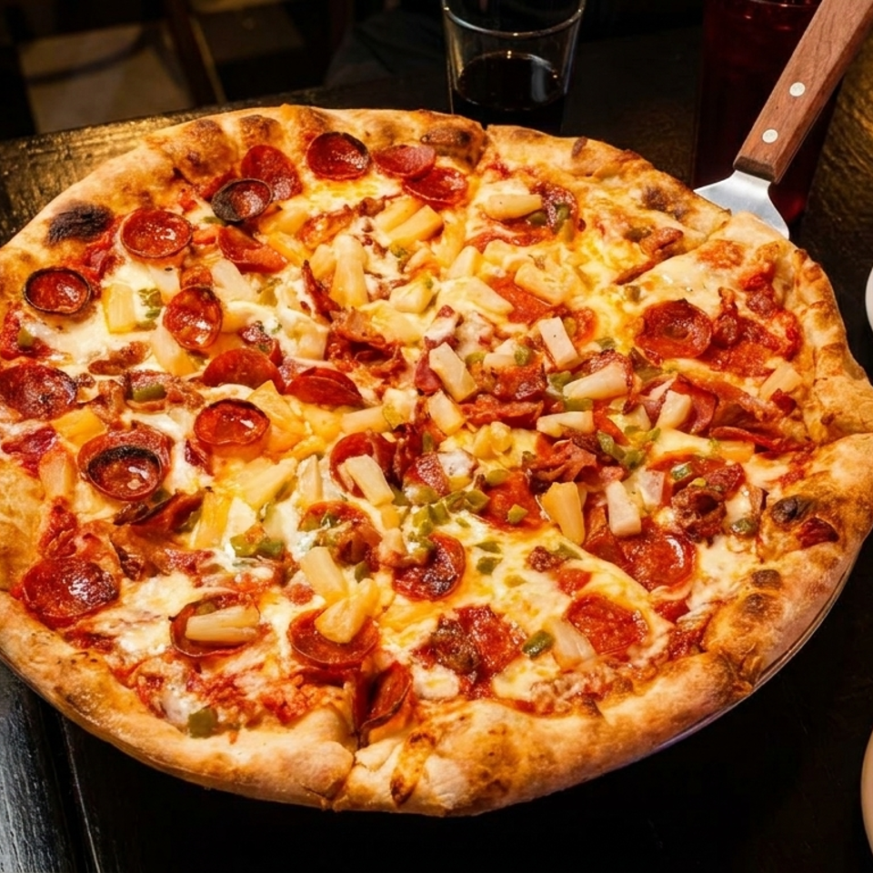 A large, hot pepperoni, pineapple, and jalapeño pizza on a dark table with plates and shakers.
