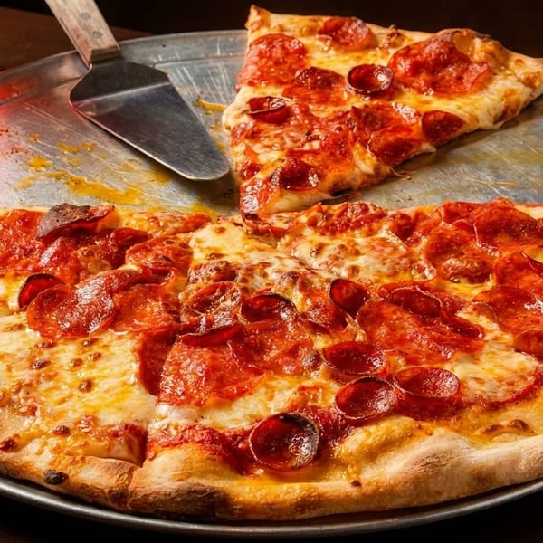A partially eaten pepperoni pizza on a metal tray with a slice removed by a spatula.