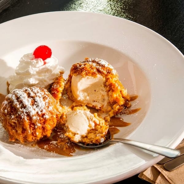 Fried ice cream dessert with whipped cream, a cherry, and caramel drizzle on a white plate.