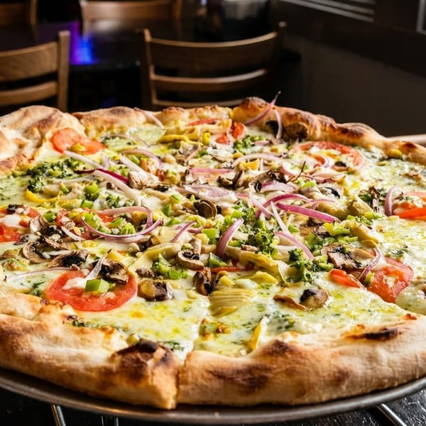 A large, colorful vegetarian pizza with pesto, tomatoes, mushrooms, onions, and broccoli.