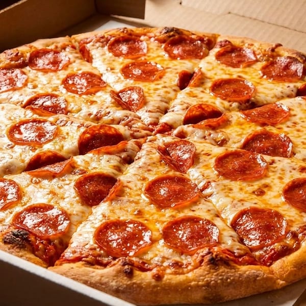 A whole pepperoni pizza, cut into slices, sits inside an open cardboard delivery box.